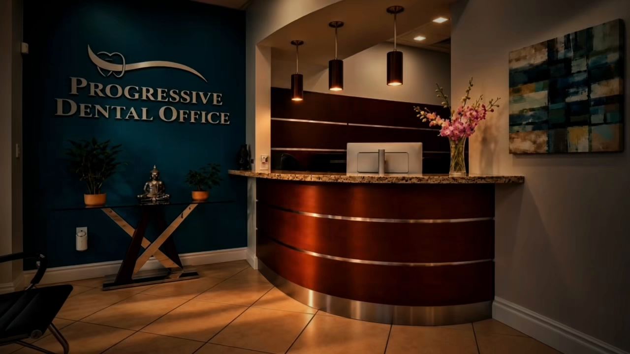 The reception desk and teal logo wall at Progressive Dental Office in Hialeah